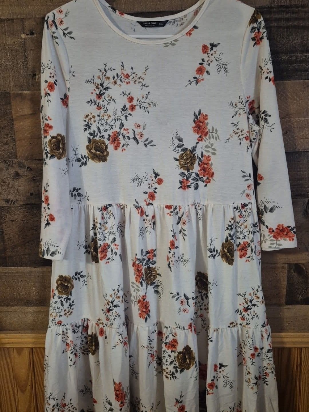 Women's Cream Floral Tiered Midi Dress with Long Sleeves